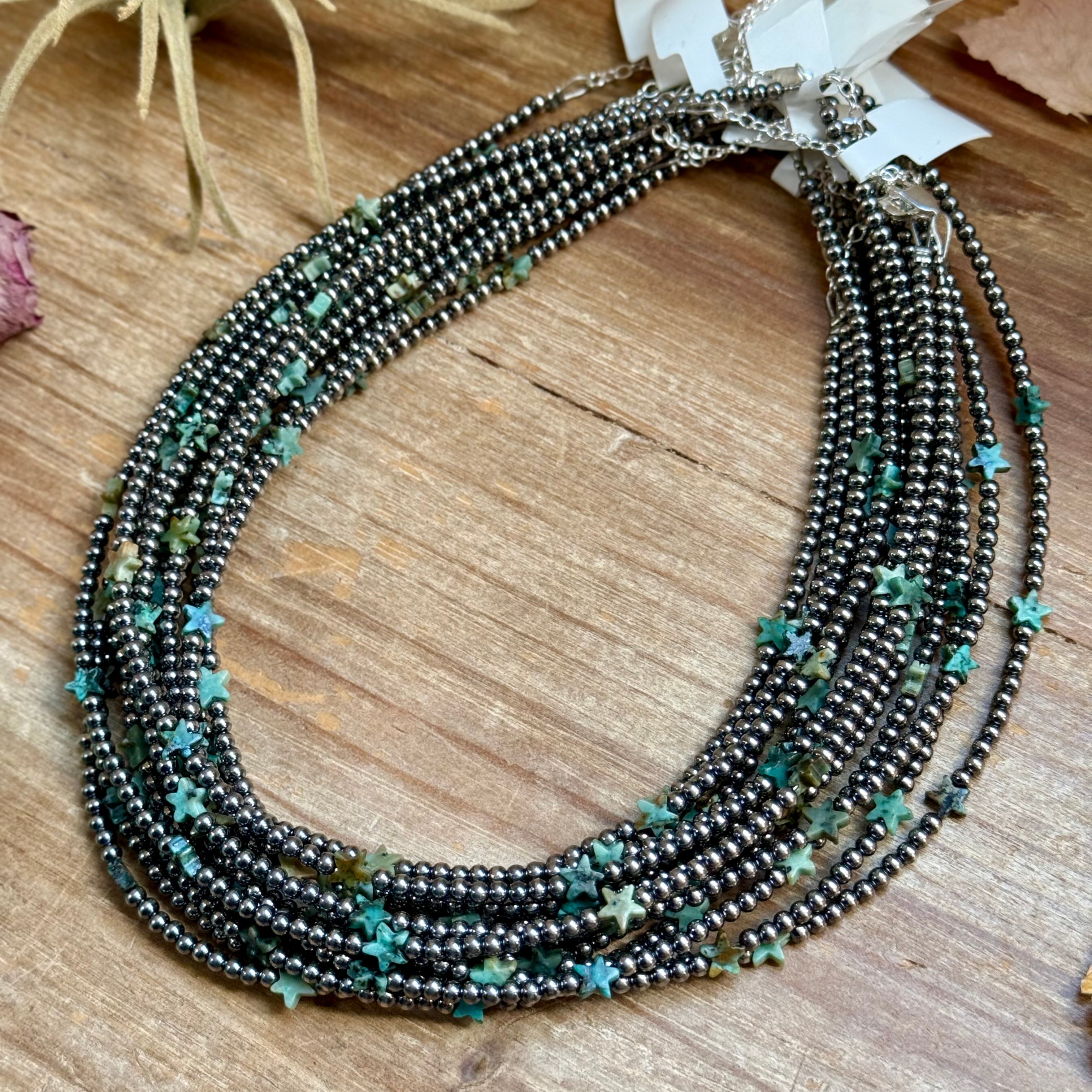 15” African Turquoise Star Necklace – Sterling Silver Pearls