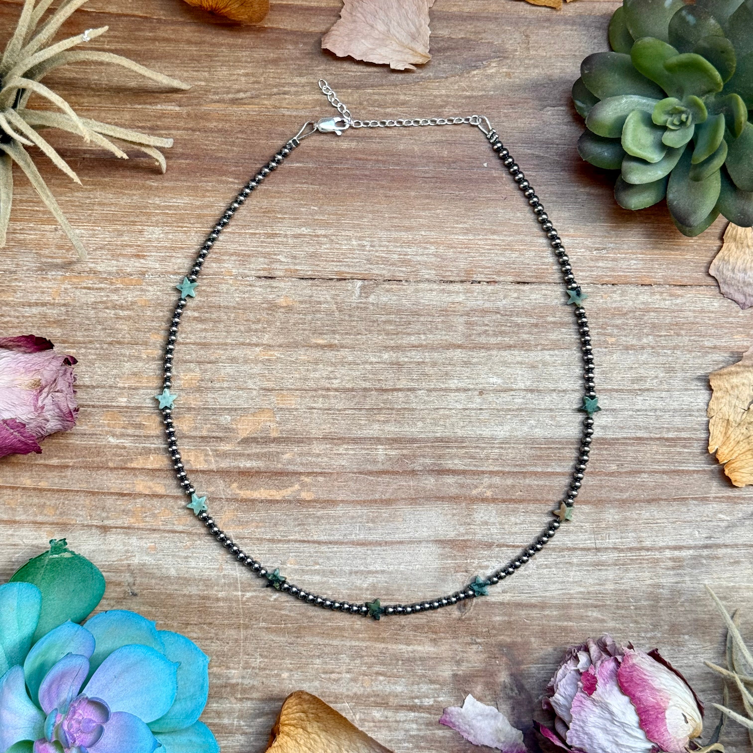 15” African Turquoise Star Necklace – Sterling Silver Pearls